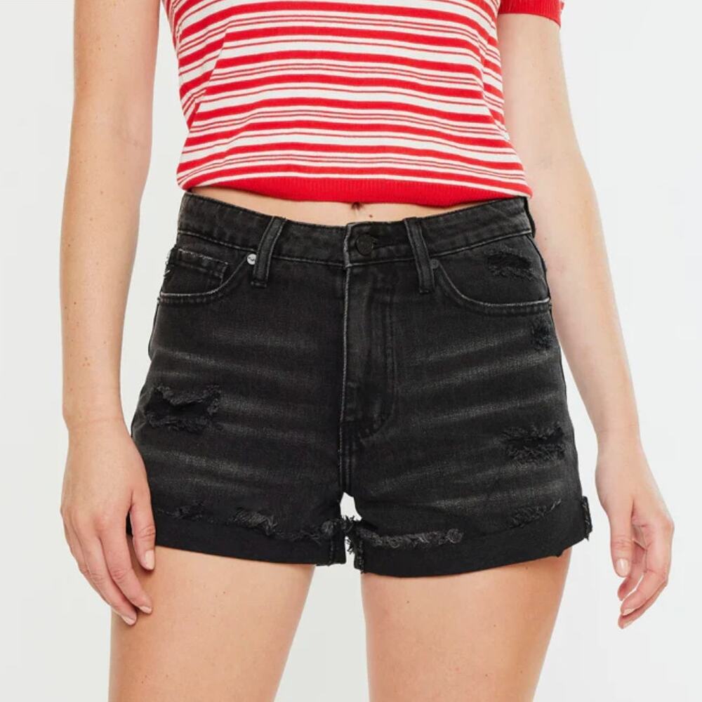 KanCan NWT Kaya High Rise Black Denim Distressed Rolled Cuffed Jean Shorts